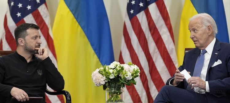 U.S. President Joe Biden meets with Ukrainian President Volodymyr Zelenskyy in Paris, Friday, June 7, 2024. (AP Photo/Evan Vucci)